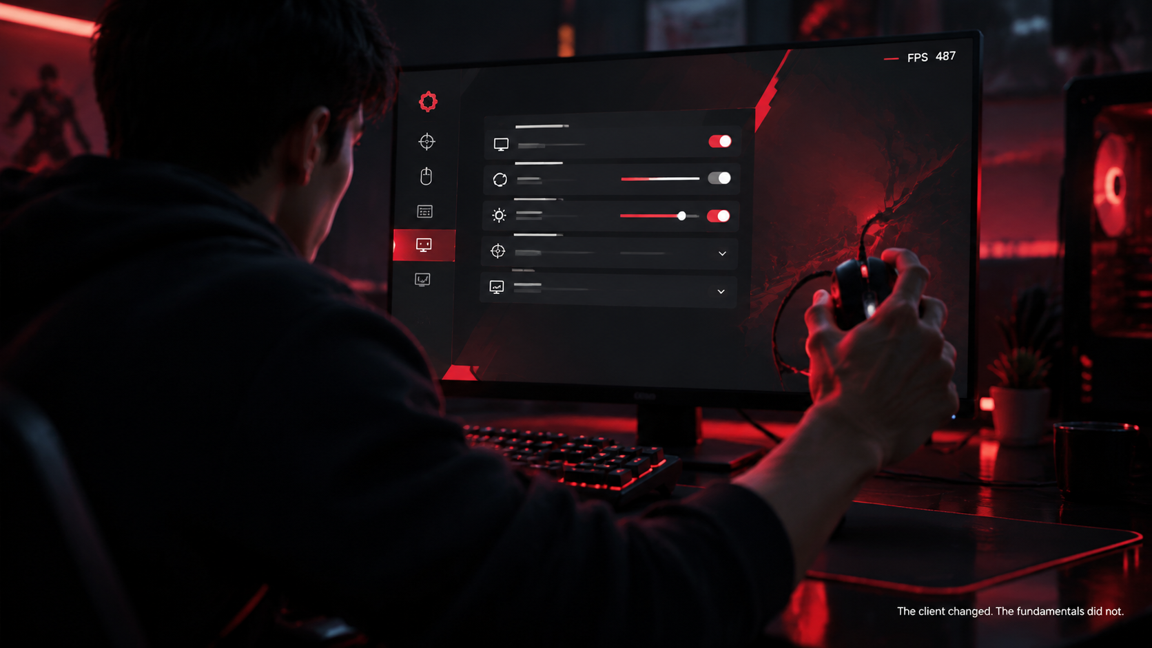 Photorealistic scene of a player leaning toward a glowing monitor in a dark room, mouse raised mid-flick, an on-screen FPS overlay and open settings menu reflected on the desk, caption The client changed, the fundamentals did not