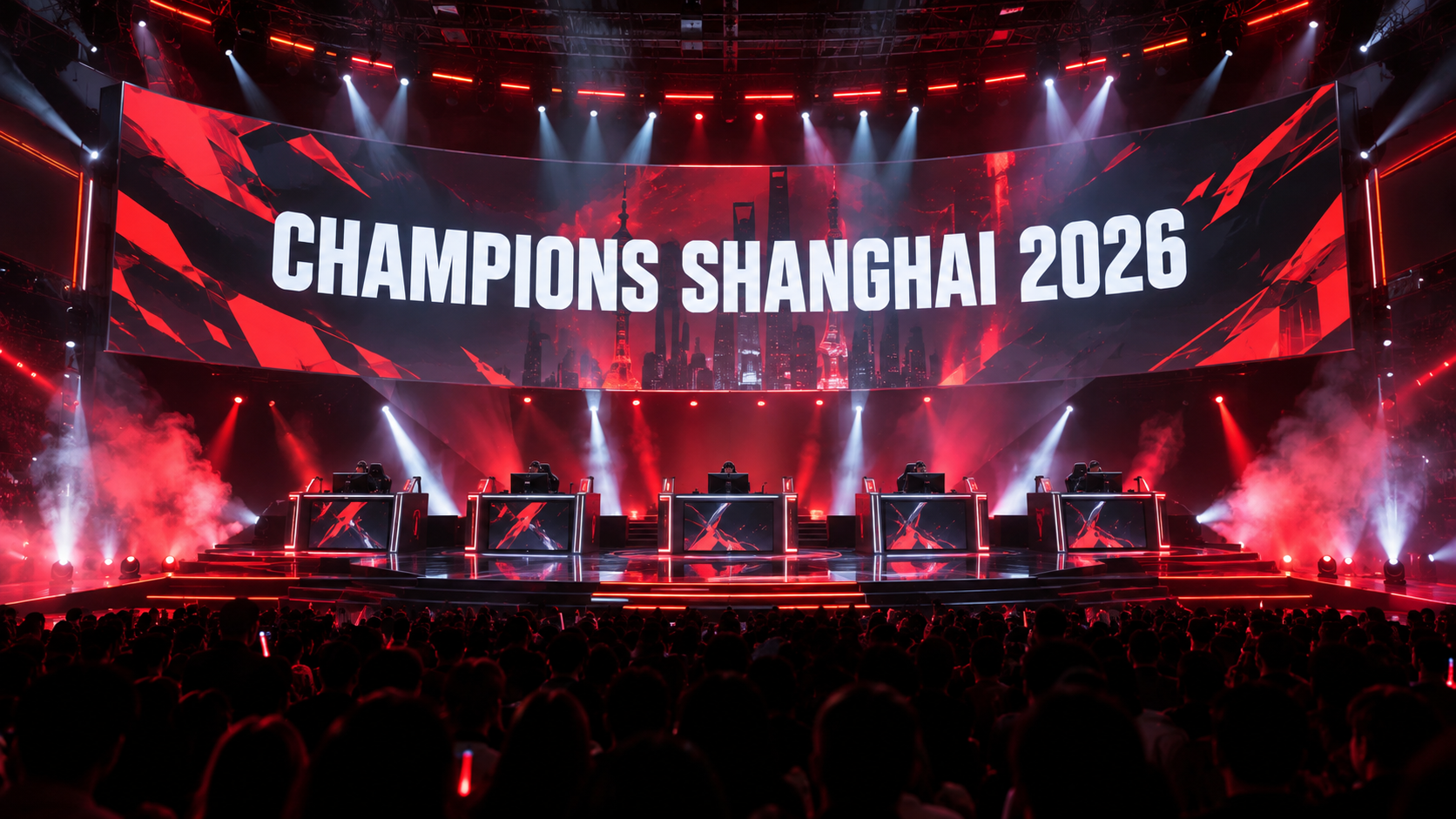 Champions Shanghai 2026 stage: five-player booths under a curved LED wall reading CHAMPIONS SHANGHAI 2026 in red-lit haze