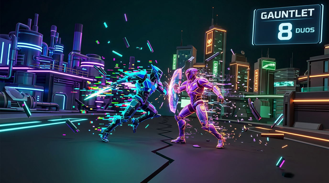 A duo of glitched robotic agents clashing at a seam where two stitched arenas meet, scoreboard showing eight remaining duos