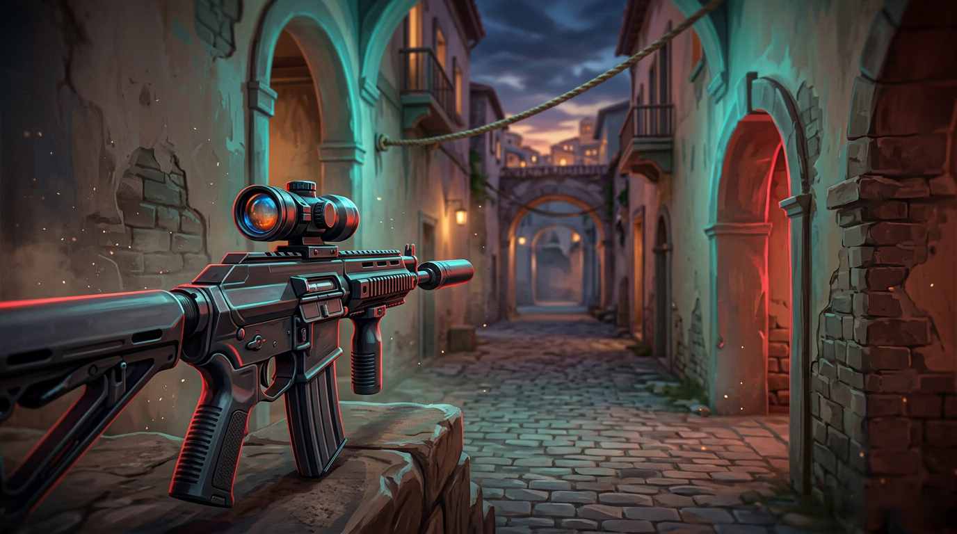 Long sightline concept art of a scoped full-auto rifle holding a rope-link style angle at Champions-scale lighting